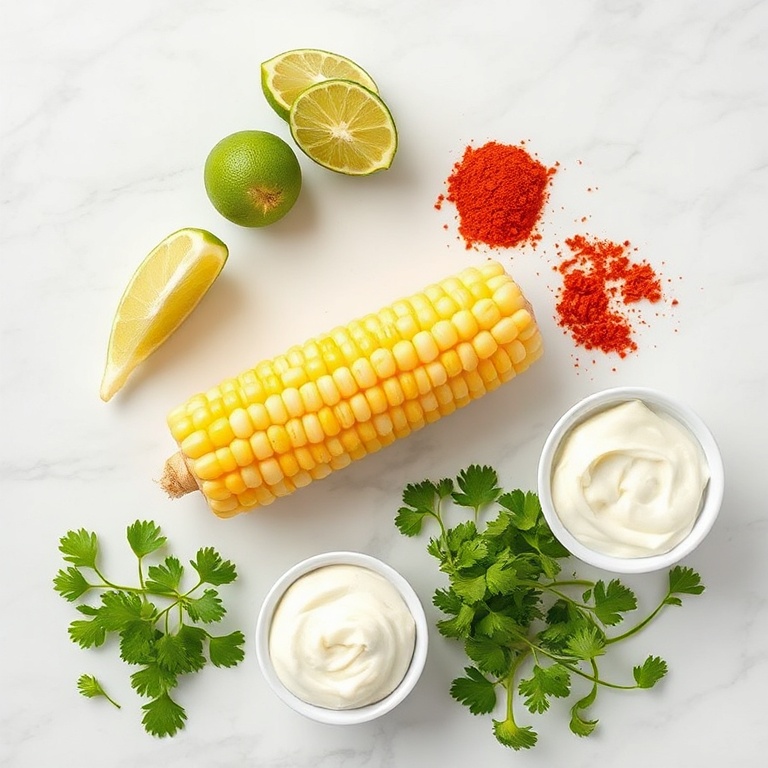 Raw ingredients for Mexican Street Corn: corn on the cob, lime, chili powder, cotija cheese, cilantro, and mayonnaise