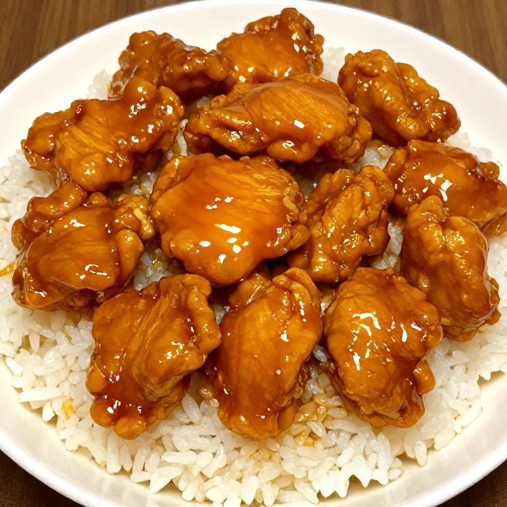 Plated Orange Chicken with Steamed Rice
