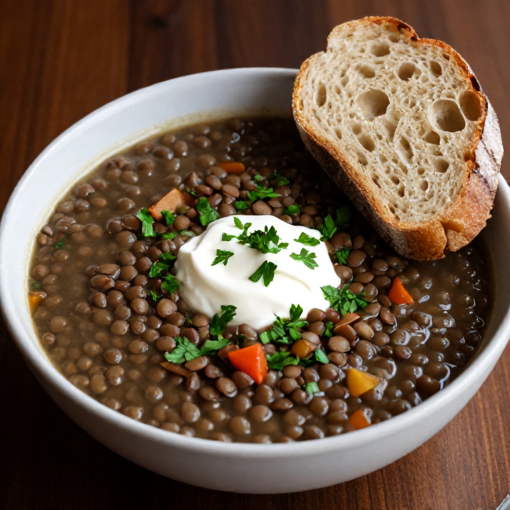 Bowl of lentil and vegetable soup with a slice of bread
