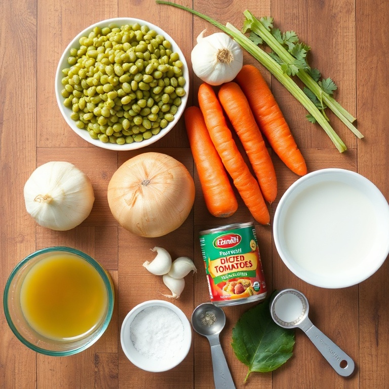 Ingredients for lentil and vegetable soup on a wooden surface