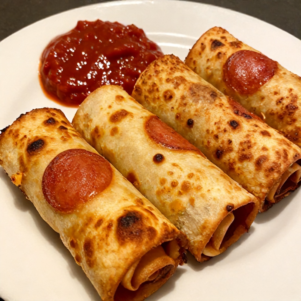 Pepperoni Pizza Rolls on a white plate with a side of marinara sauce