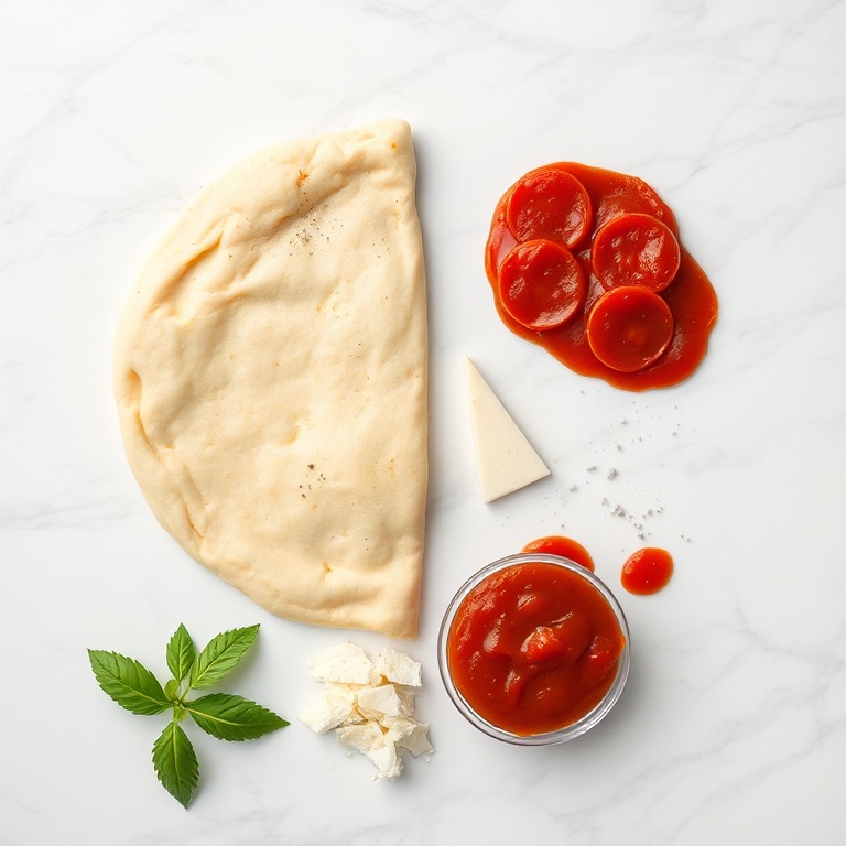 Pizza dough, pepperoni, mozzarella cheese, and pizza sauce on a white marble surface