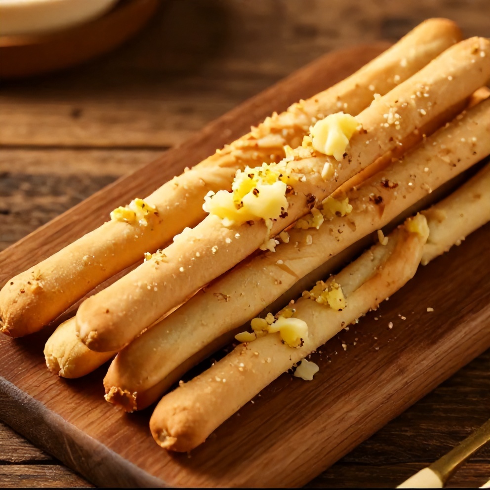 Plated homemade breadsticks with garlic butter
