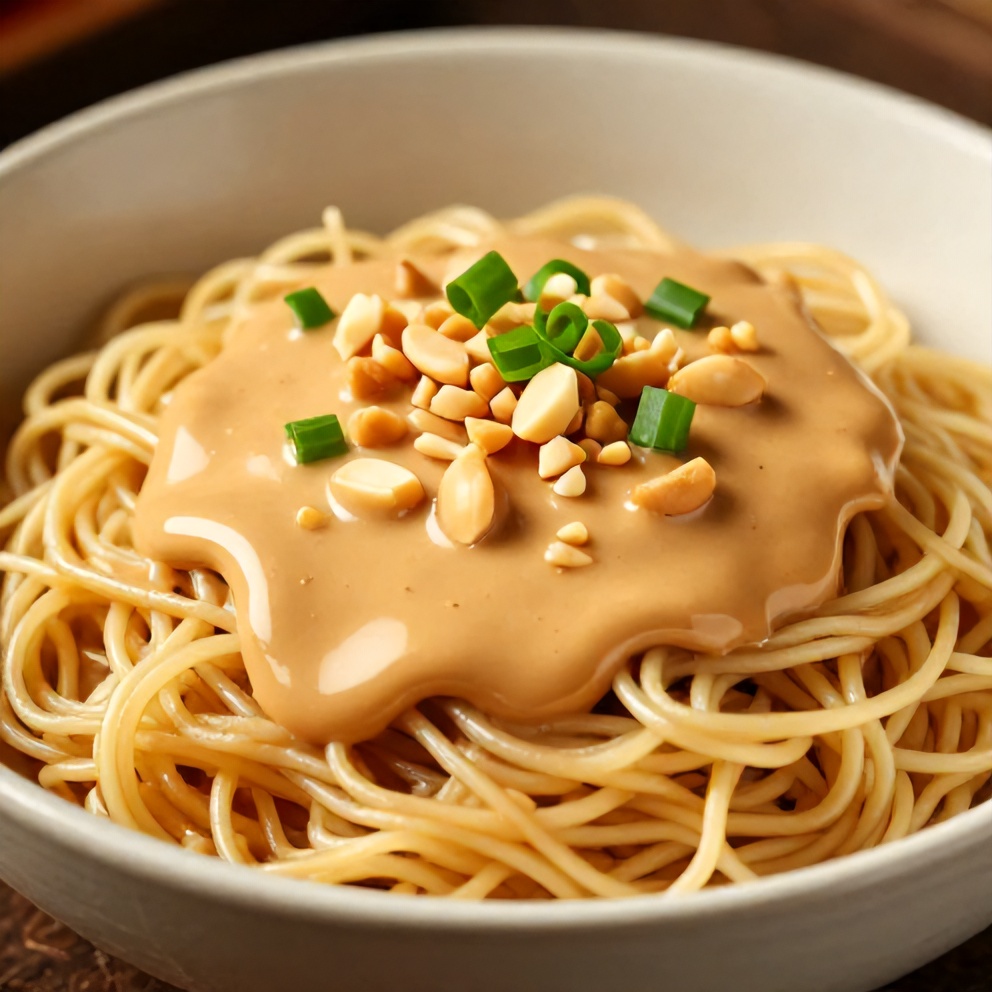 Peanut sauce drizzled over noodles