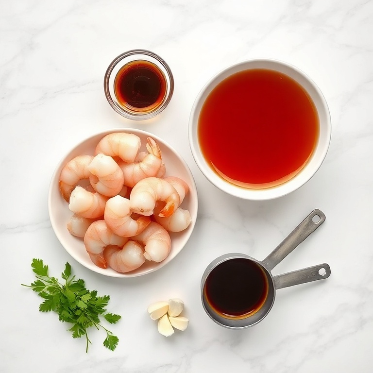 Raw ingredients for honey garlic shrimp on a white marble surface