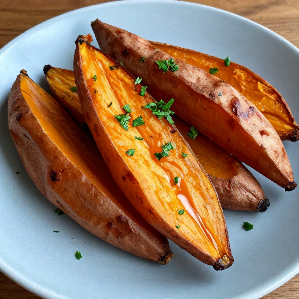 Plated honey roasted sweet potatoes with a sprinkle of fresh parsley