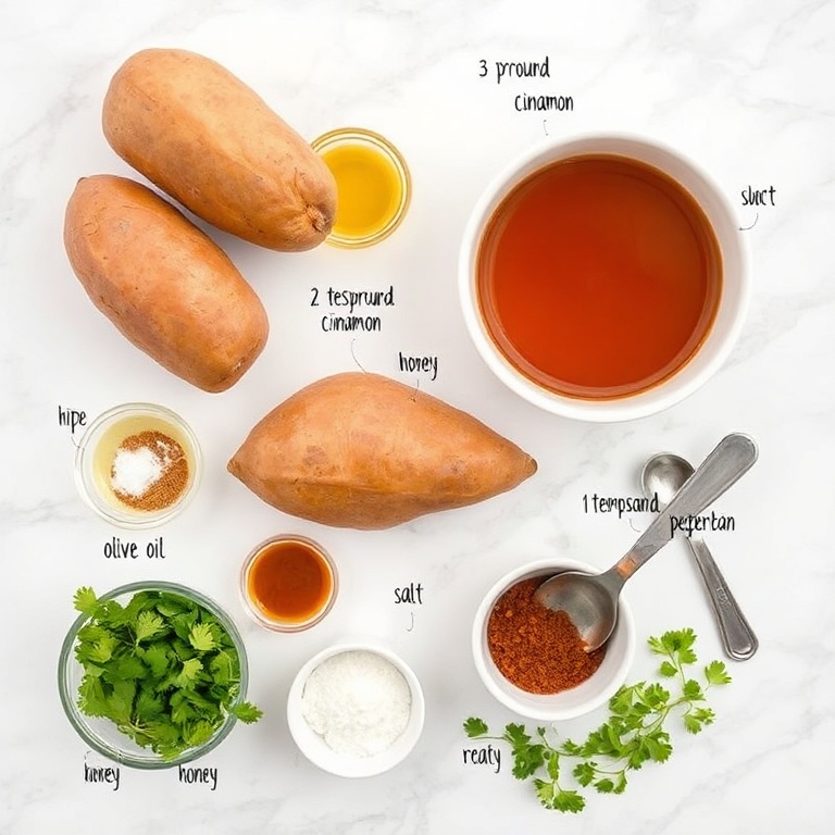 Ingredients for honey roasted sweet potatoes: sweet potatoes, honey, olive oil, cinnamon, paprika, salt, and pepper