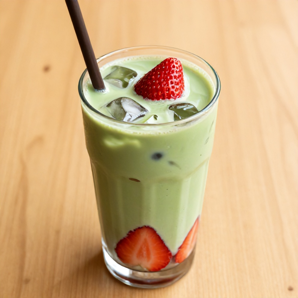 Iced matcha strawberry latte in a glass with a straw