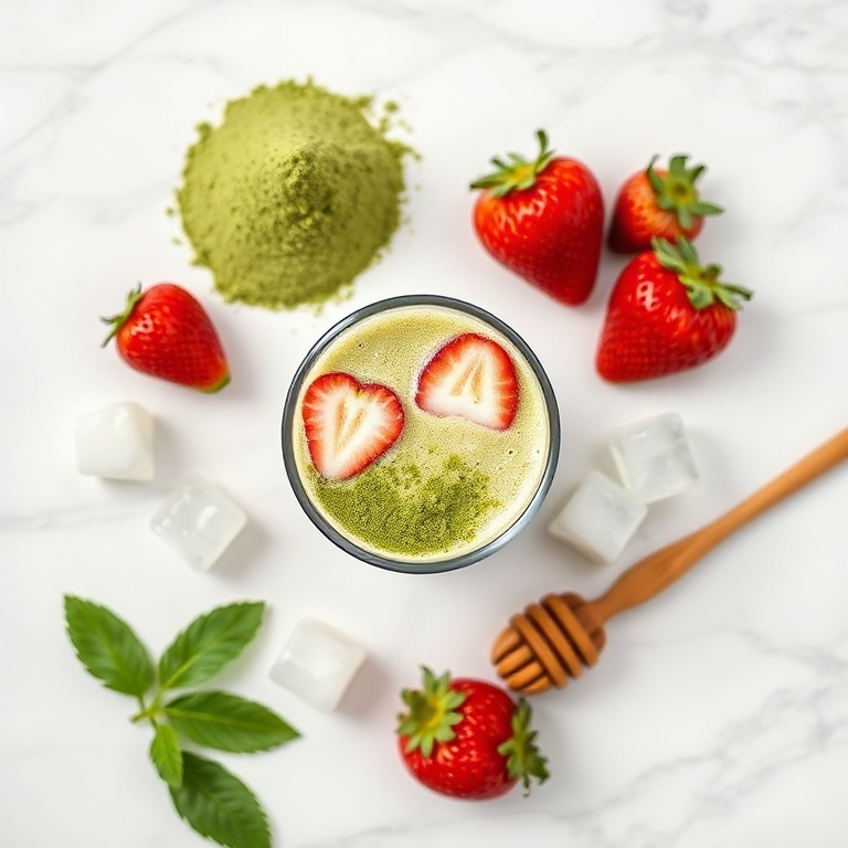 Ingredients for iced matcha strawberry latte: matcha powder, fresh strawberries, milk, honey, ice cubes