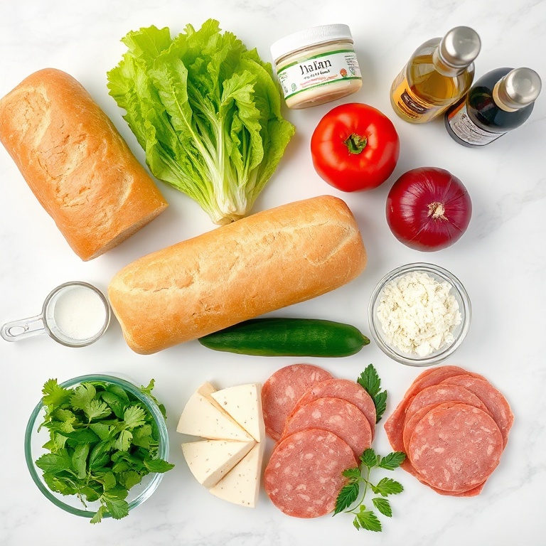 Raw ingredients for Italian grinder salad sandwich on a white marble surface