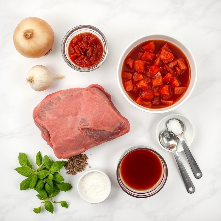 Raw ingredients for Italian Pot Roast on a marble surface
