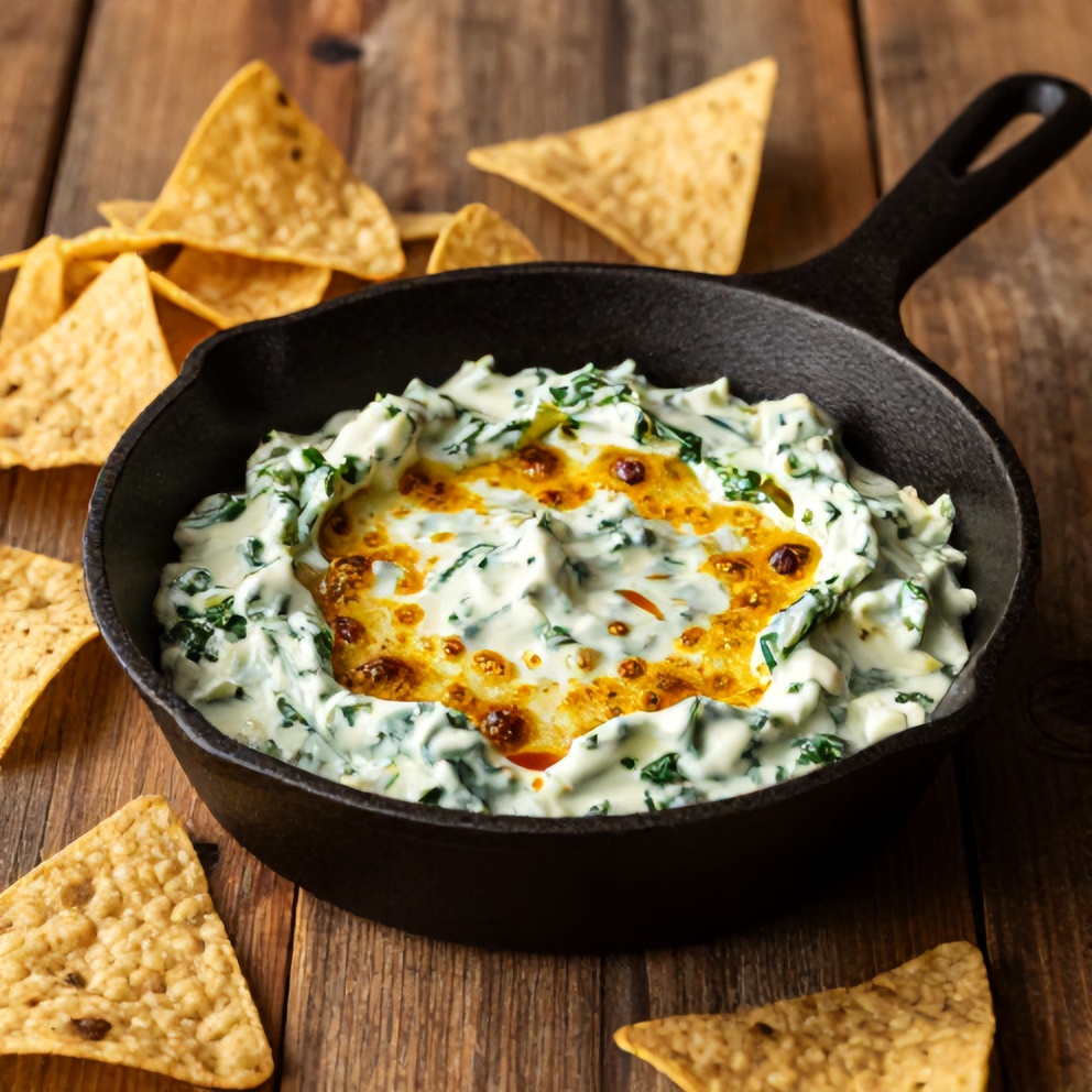 Jalapeño spinach artichoke dip served in a cast iron skillet, bubbling and golden, surrounded by tortilla chips on a rustic wooden table