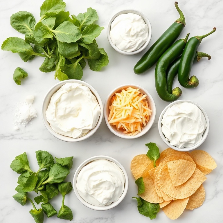 Raw ingredients for jalapeño spinach artichoke dip: spinach, artichoke hearts, jalapeños, cream cheese, sour cream, cheddar cheese, mozzarella cheese, garlic, salt, and tortilla chips