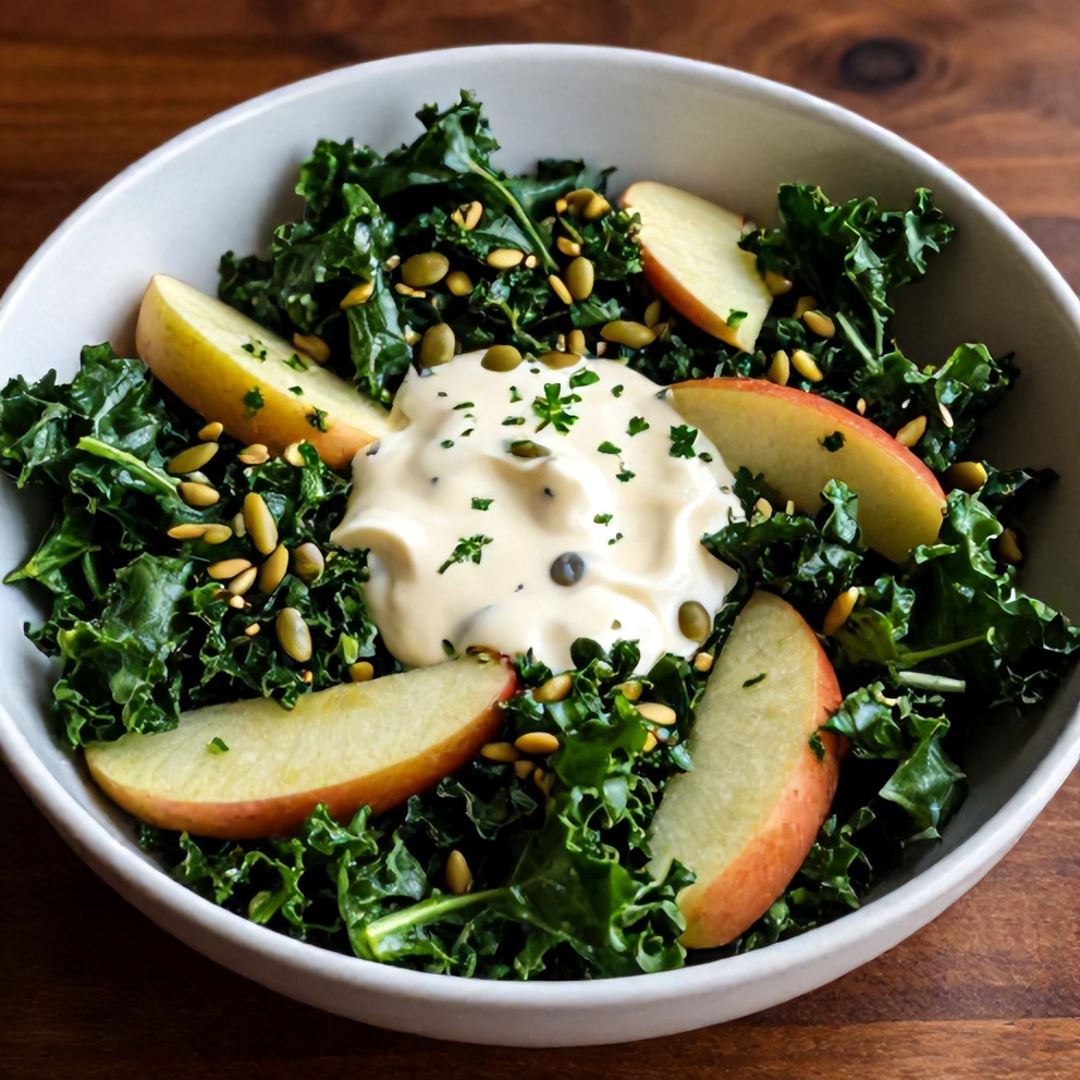 Easy Kale and Apple Salad with Lemon Tahini Dressing, plated