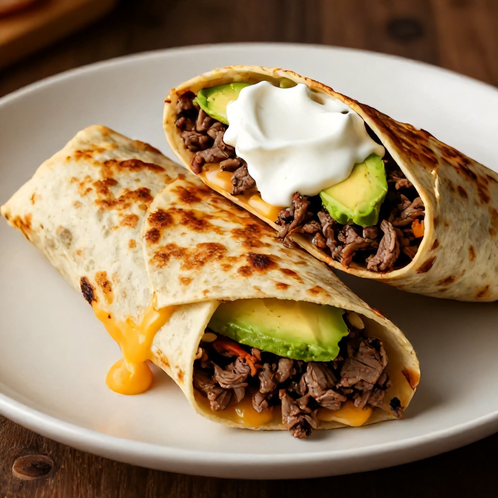 Plated keto beef crunchwrap with avocado and sour cream