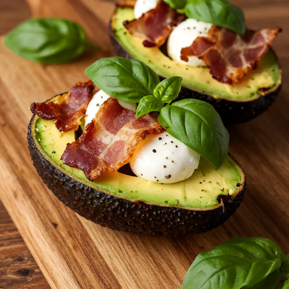 Keto Caprese Stuffed Avocado Bites on a wooden cutting board, garnished with fresh basil