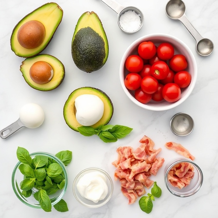 Avocado, cherry tomatoes, fresh mozzarella, basil, and bacon on a white marble surface