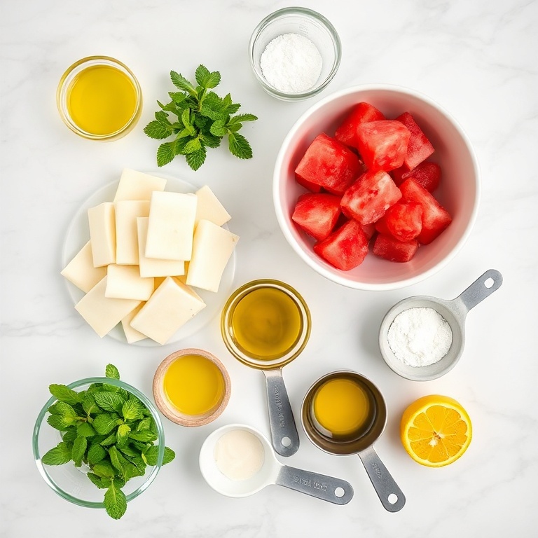 Raw ingredients for Keto Halloumi Watermelon Salad