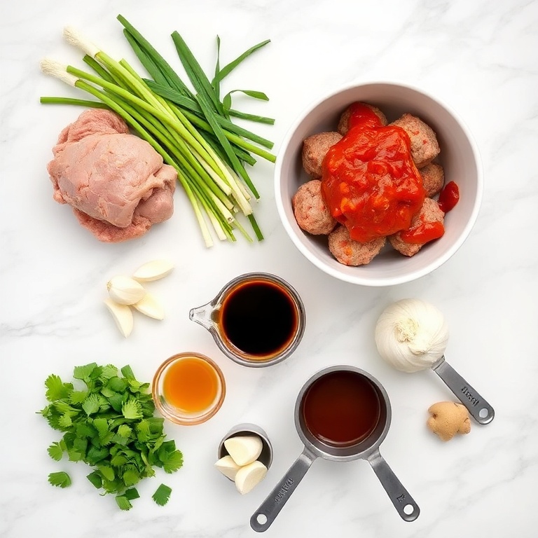 Raw ingredients for Korean BBQ Meatball Rice Bowls on a white marble surface