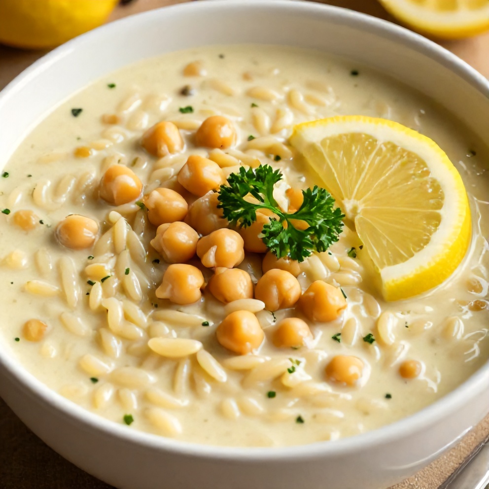 Lemon Chickpea Orzo Soup with a lemon slice