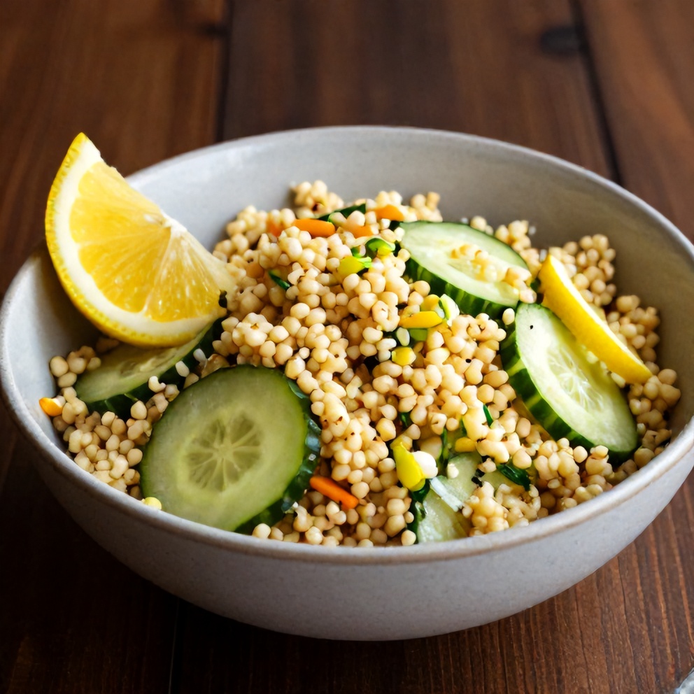 Lemon Cucumber Couscous Salad served in a bowl with a lemon wedge