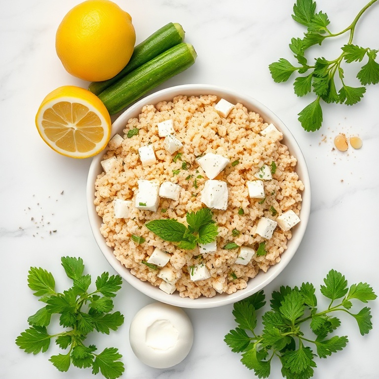 Lemon Cucumber Couscous Salad ingredients on a white marble surface