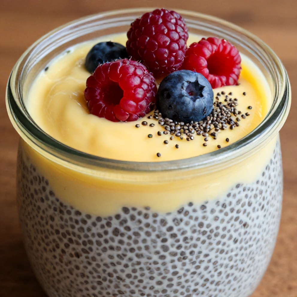 Lemon curd chia pudding topped with fresh berries and a sprinkle of chia seeds