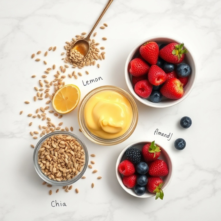 Chia seeds, lemon curd, almond milk, maple syrup, and fresh berries arranged on a wooden surface
