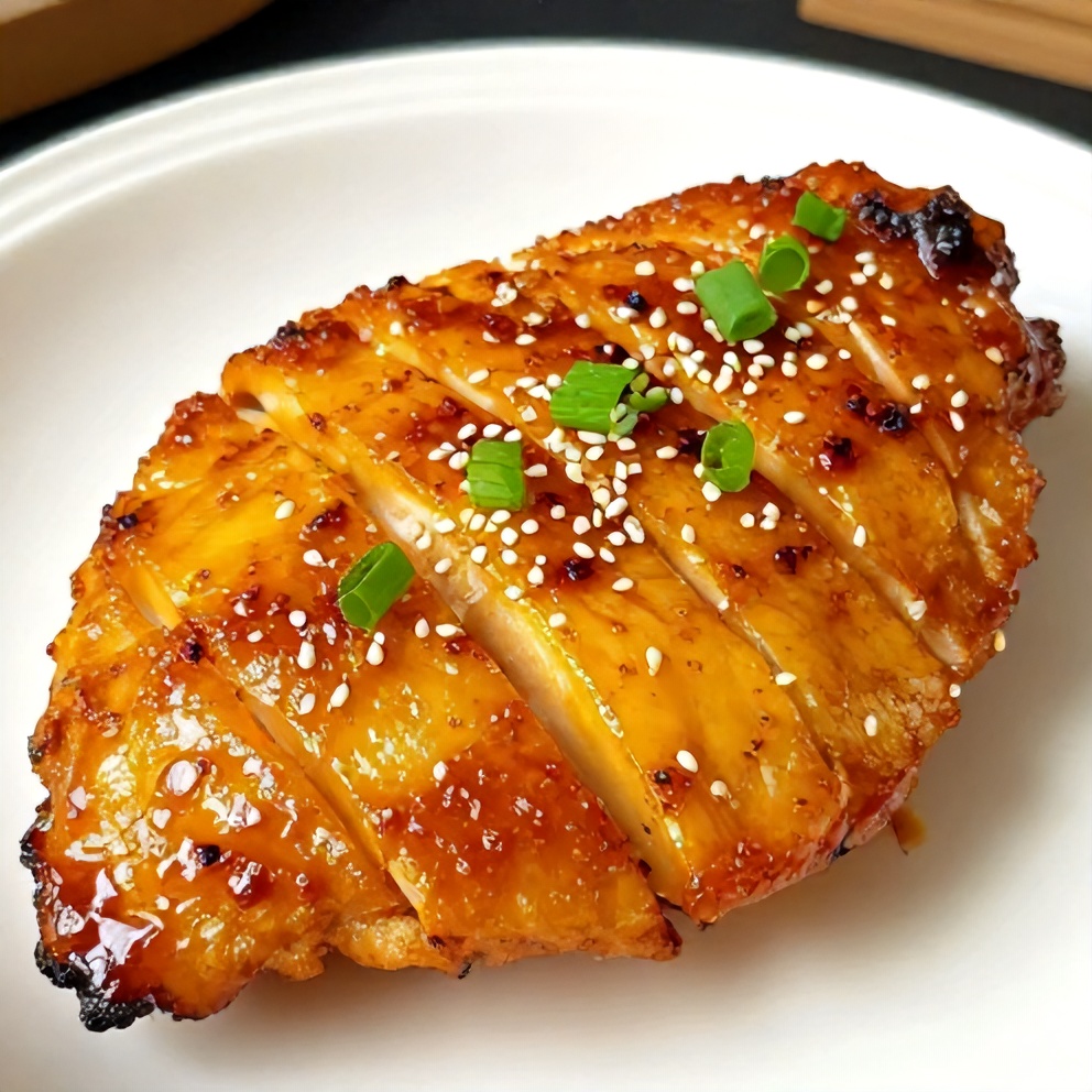 Plated mango glazed chicken with garnish