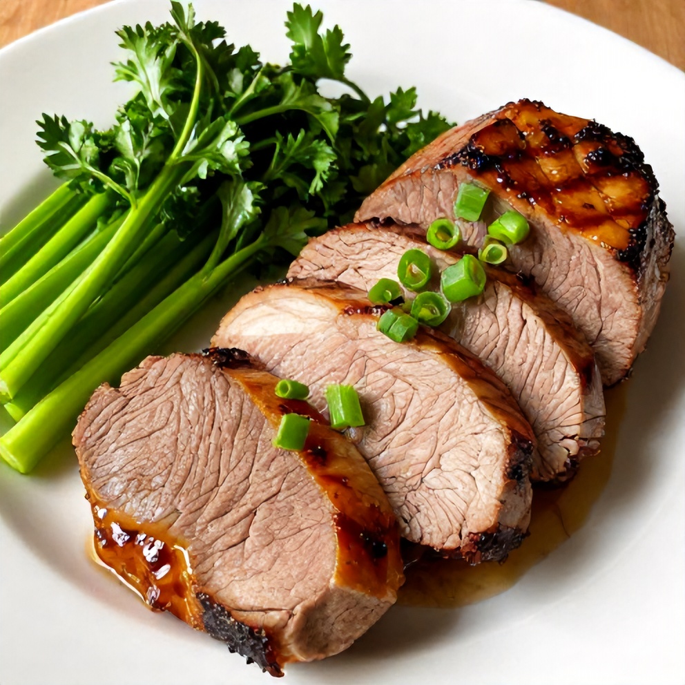 Plated Maple Dijon Pork Tenderloin with a side of steamed vegetables
