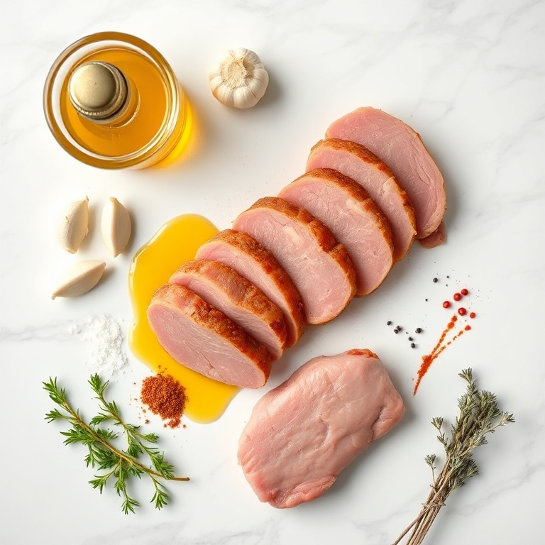 Raw ingredients for Maple Dijon Pork Tenderloin arranged on a marble surface