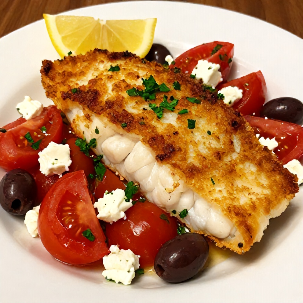 Plated Mediterranean Baked Cod with Lemon Garnish