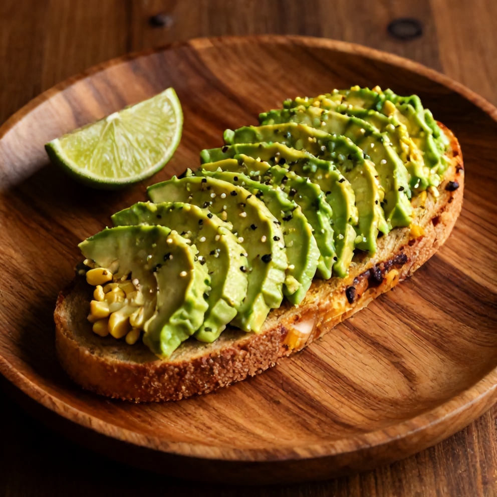 Plated serving of Mexican street corn avocado toast with lime wedge