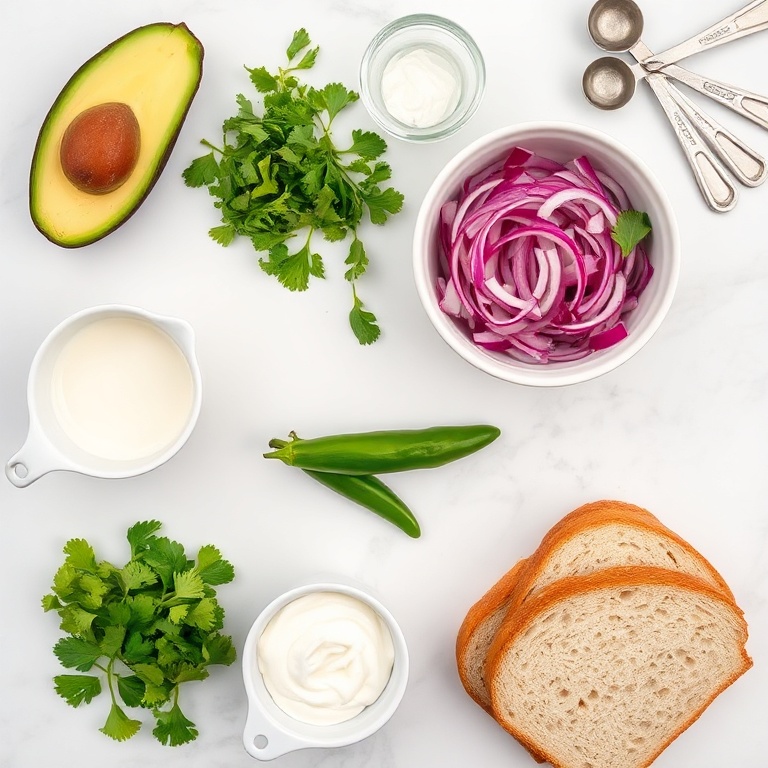 Raw ingredients for Mexican street corn avocado toast on a marble surface