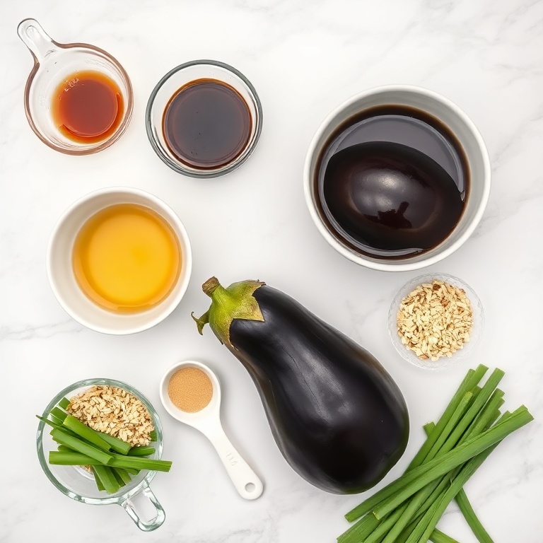 Raw ingredients for miso glazed eggplant on a white marble surface