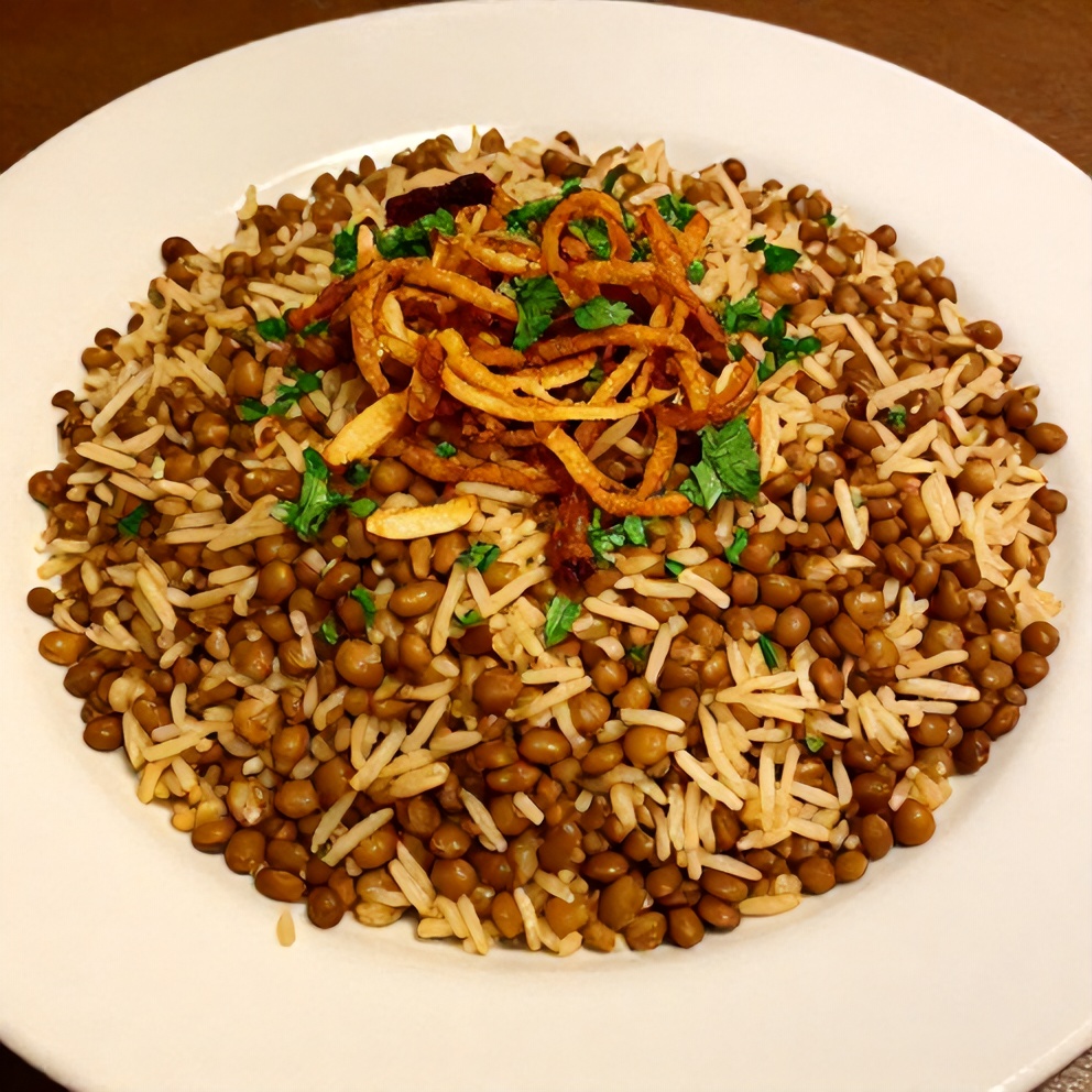 Plated Mujadara Lentils and Rice with crispy fried onions, ready to serve