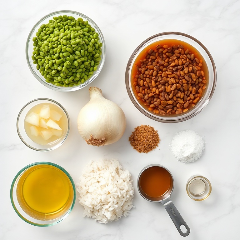 Raw ingredients for Mujadara: lentils, rice, onions, cumin, coriander, and vegetable broth