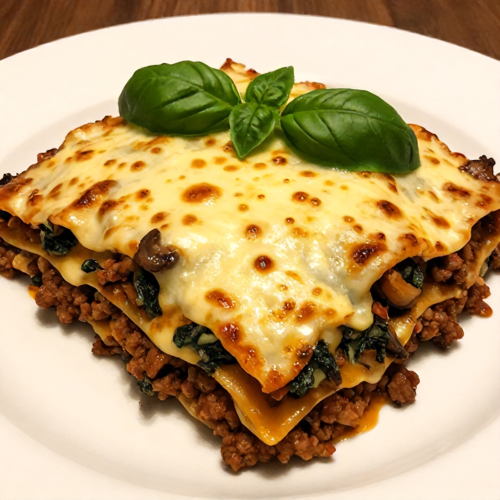 One perfect plated serving of Mushroom Spinach Lasagna on a white plate, garnished with fresh basil
