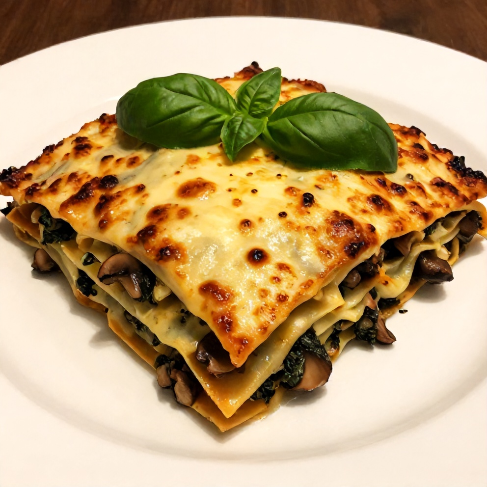 Mushroom Spinach Lasagna filling 95% of the frame, 35-degree hero angle showing depth and layers, golden crust, rich meat sauce layers showing in the cut cross-section, steam rising, dark wooden surface barely visible at edges
