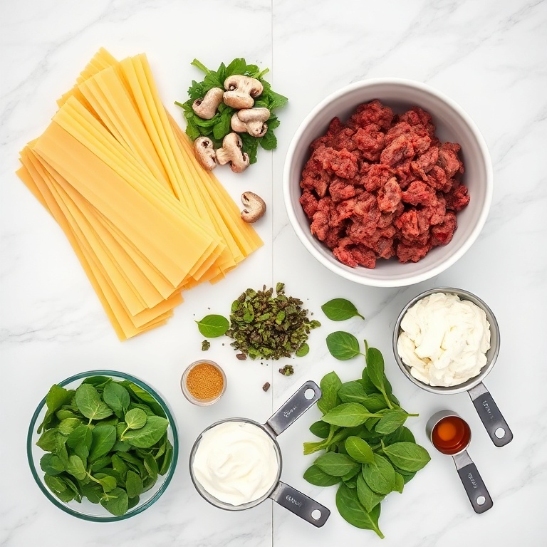 Overhead flat lay of raw ingredients for Mushroom Spinach Lasagna, including mushrooms, spinach, lasagna noodles, ricotta, and mozzarella