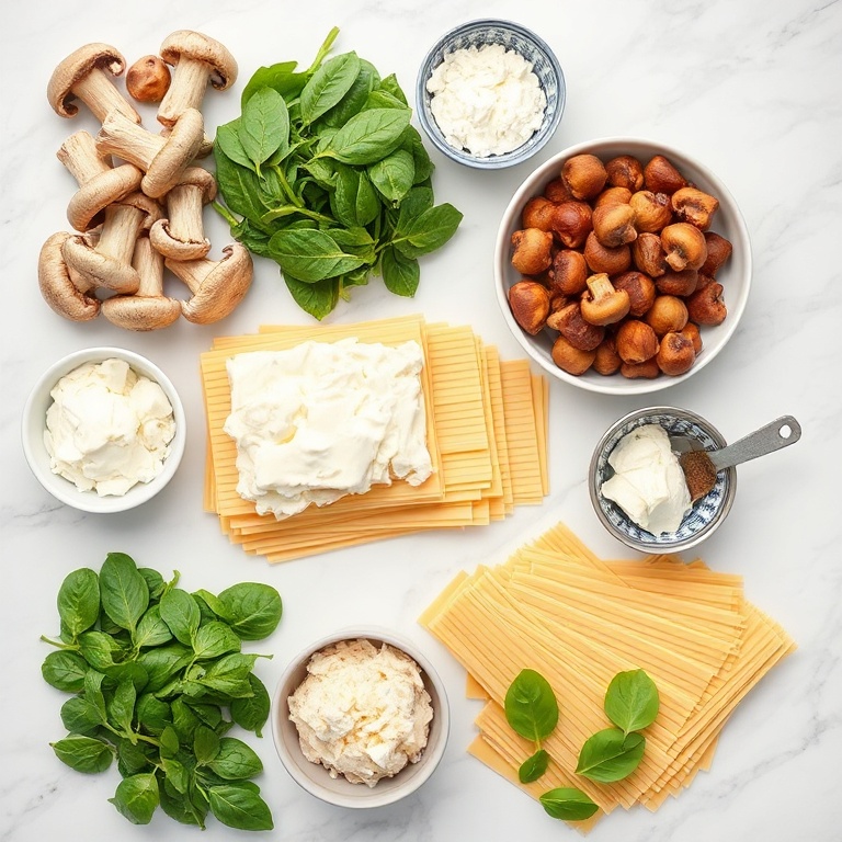 Raw ingredients for Mushroom Spinach Lasagna arranged in an overhead flat lay, including mushrooms, spinach, ricotta, mozzarella, lasagna noodles, garlic, and onion, small prep bowls and measuring spoons visible, white marble surface, bright even natural light