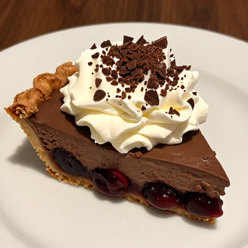 Sliced Easy No-Bake Chocolate Cherry Cream Pie on a plate