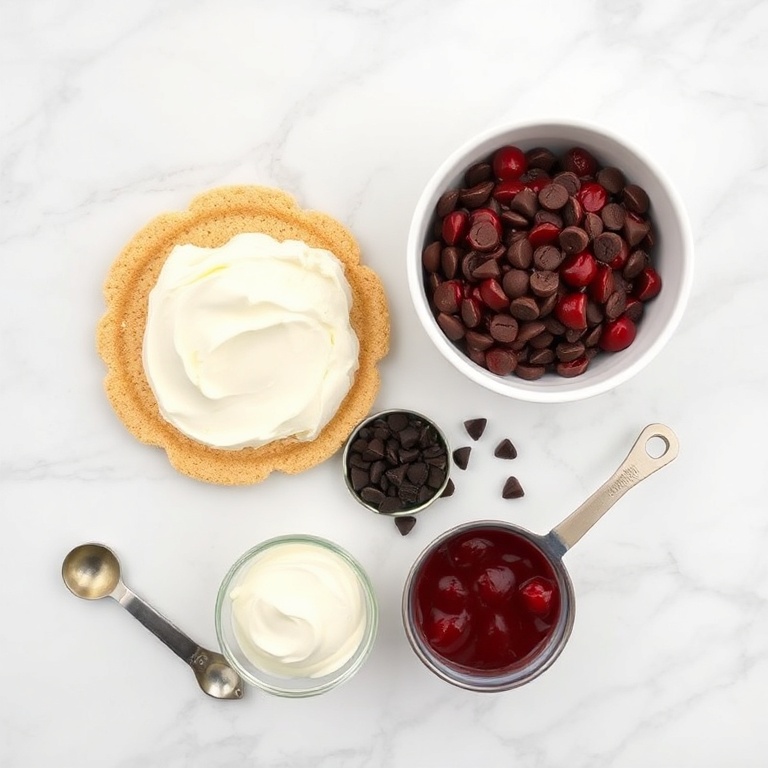 Raw ingredients for Easy No-Bake Chocolate Cherry Cream Pie on a marble surface