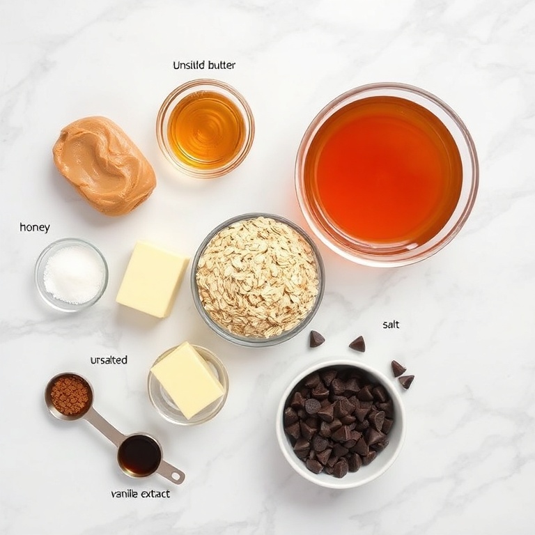 Ingredients for No-Bake Peanut Butter Oat Bars on a wooden surface