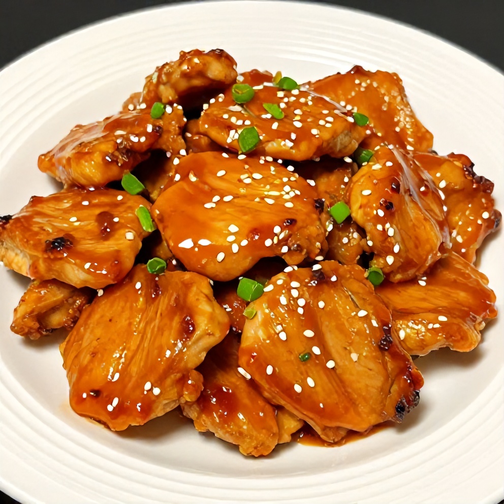 Plated orange teriyaki turkey medallions with green onions