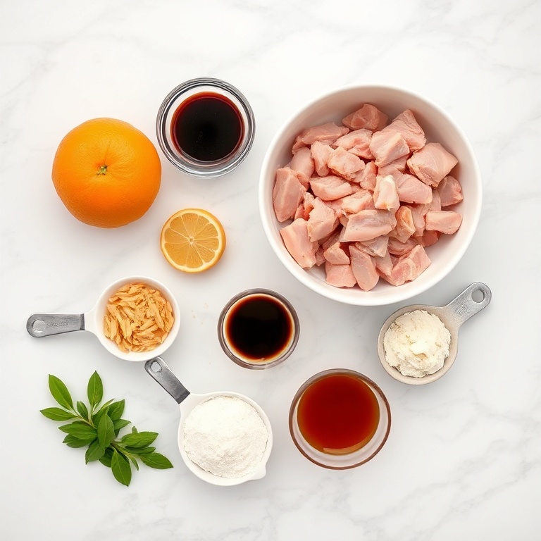 Raw ingredients for orange teriyaki turkey on a marble surface