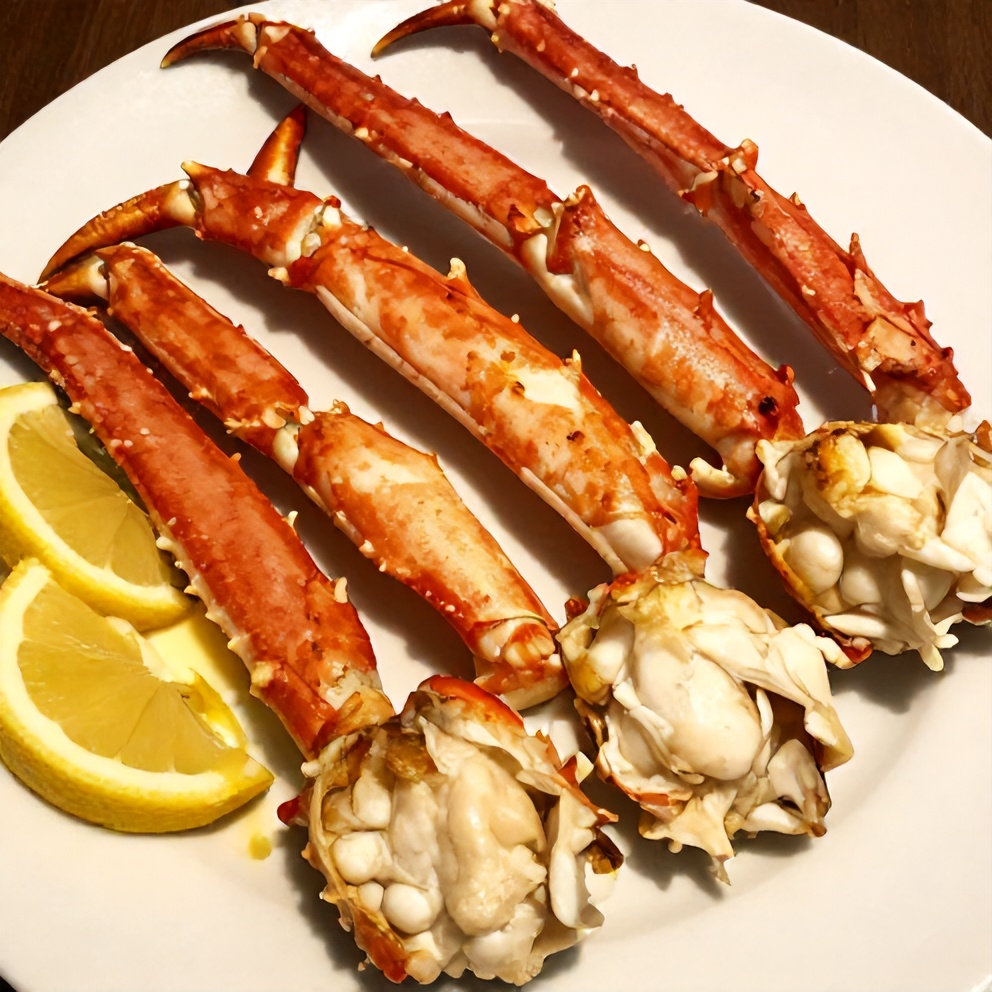 Plated oven baked snow crab legs with melted butter and lemon wedges