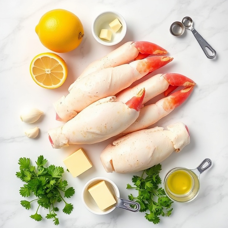 Raw snow crab legs, lemon, garlic, butter, and parsley arranged on a wooden cutting board