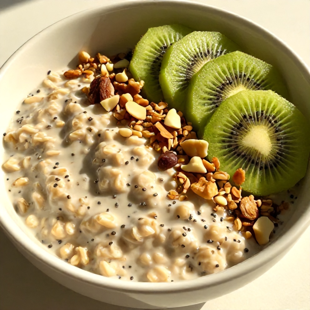 Bowl of overnight oats with kiwi and chia seeds