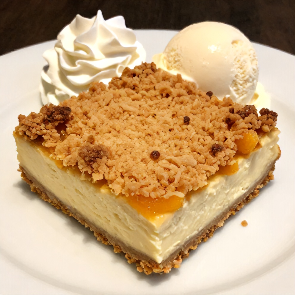 Peach Cobbler Cheesecake Bars on a plate with a fork